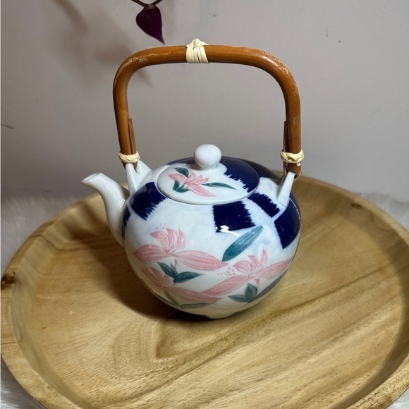 Pier 1 Floral Asian Porcelain Teapot with Bamboo Handle - Picture 2 of 5